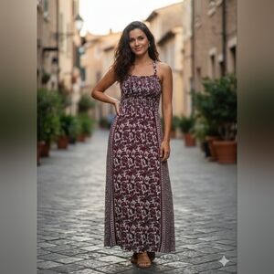 Japna Maroon and White Floral Maxi Dress
